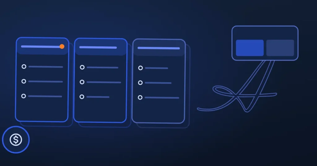 Line drawing of a media player beside the site's A, in midnight and blue