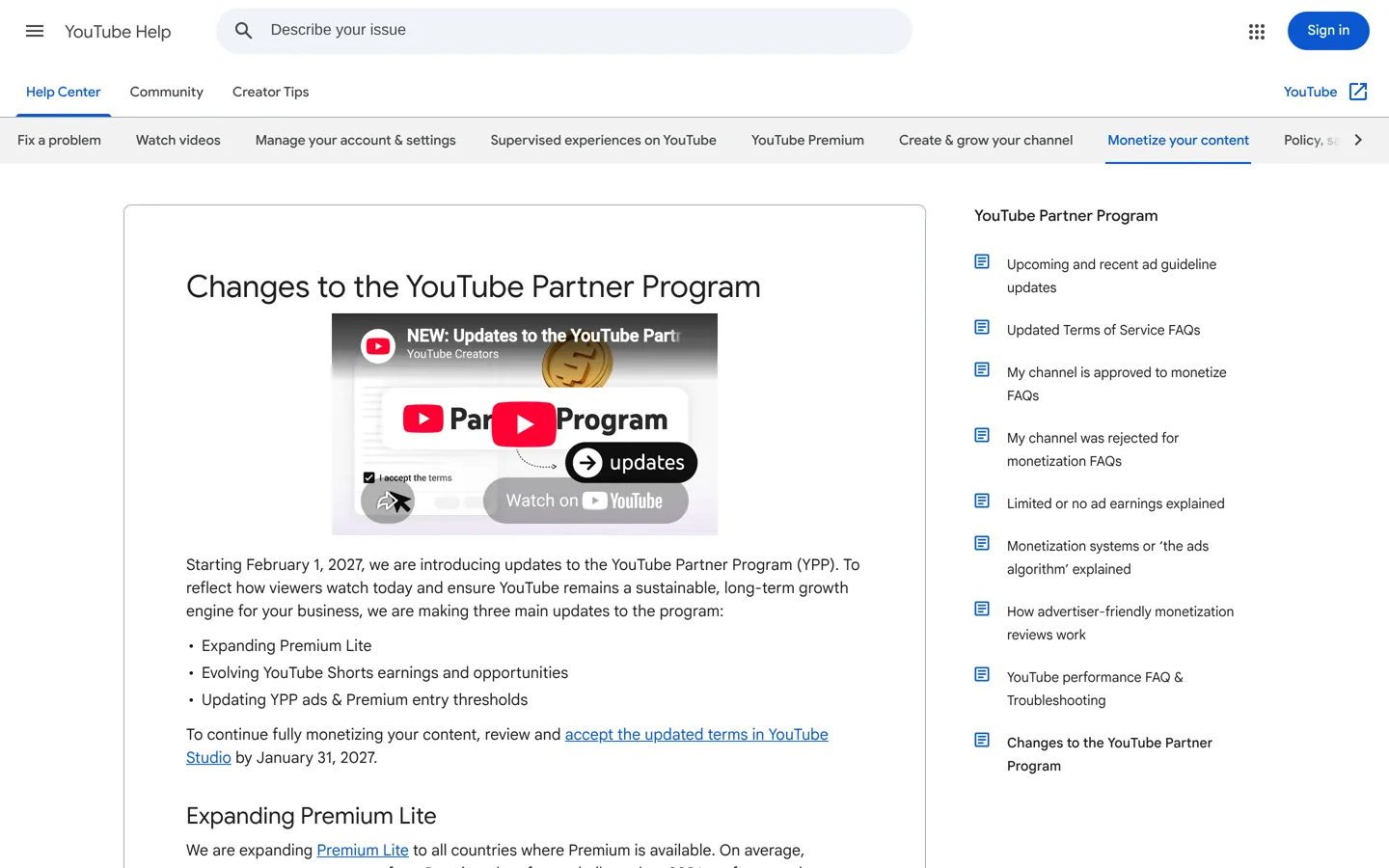 Screenshot of YouTube Help's page on changes to the YouTube Partner Program.