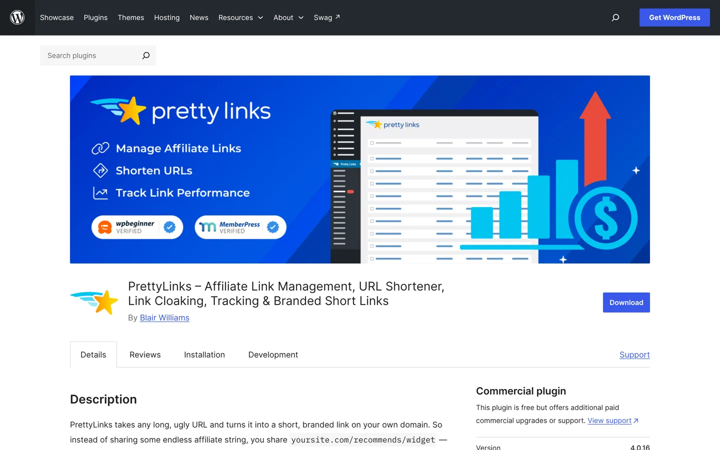Screenshot of the Pretty Links plugin page on WordPress.org.