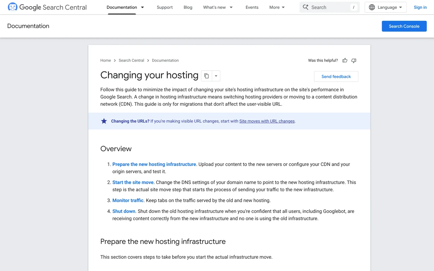 Screenshot of Google Search Central's guide to changing your hosting without changing URLs.