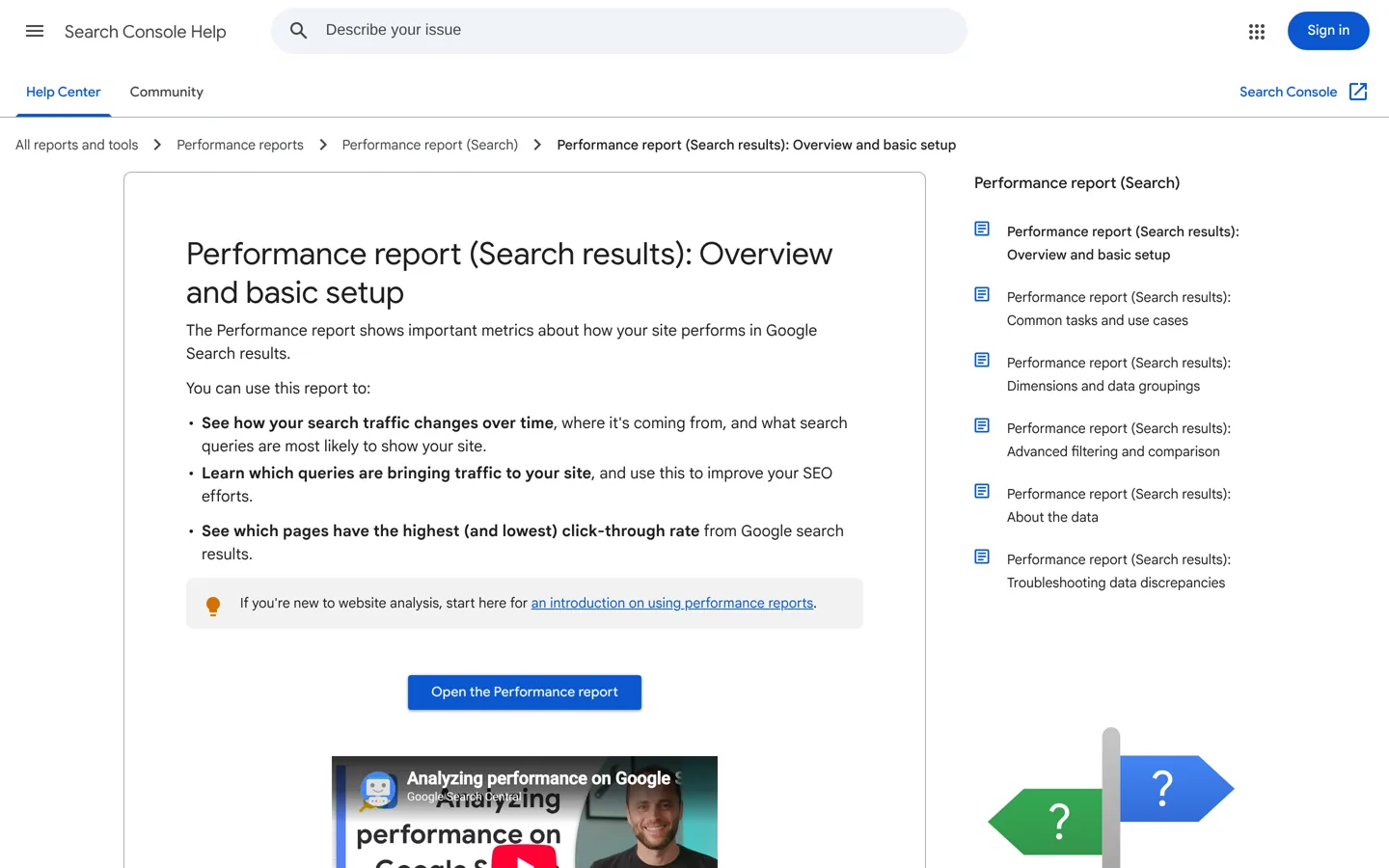Screenshot of Google's help page about the Search Console Performance report.