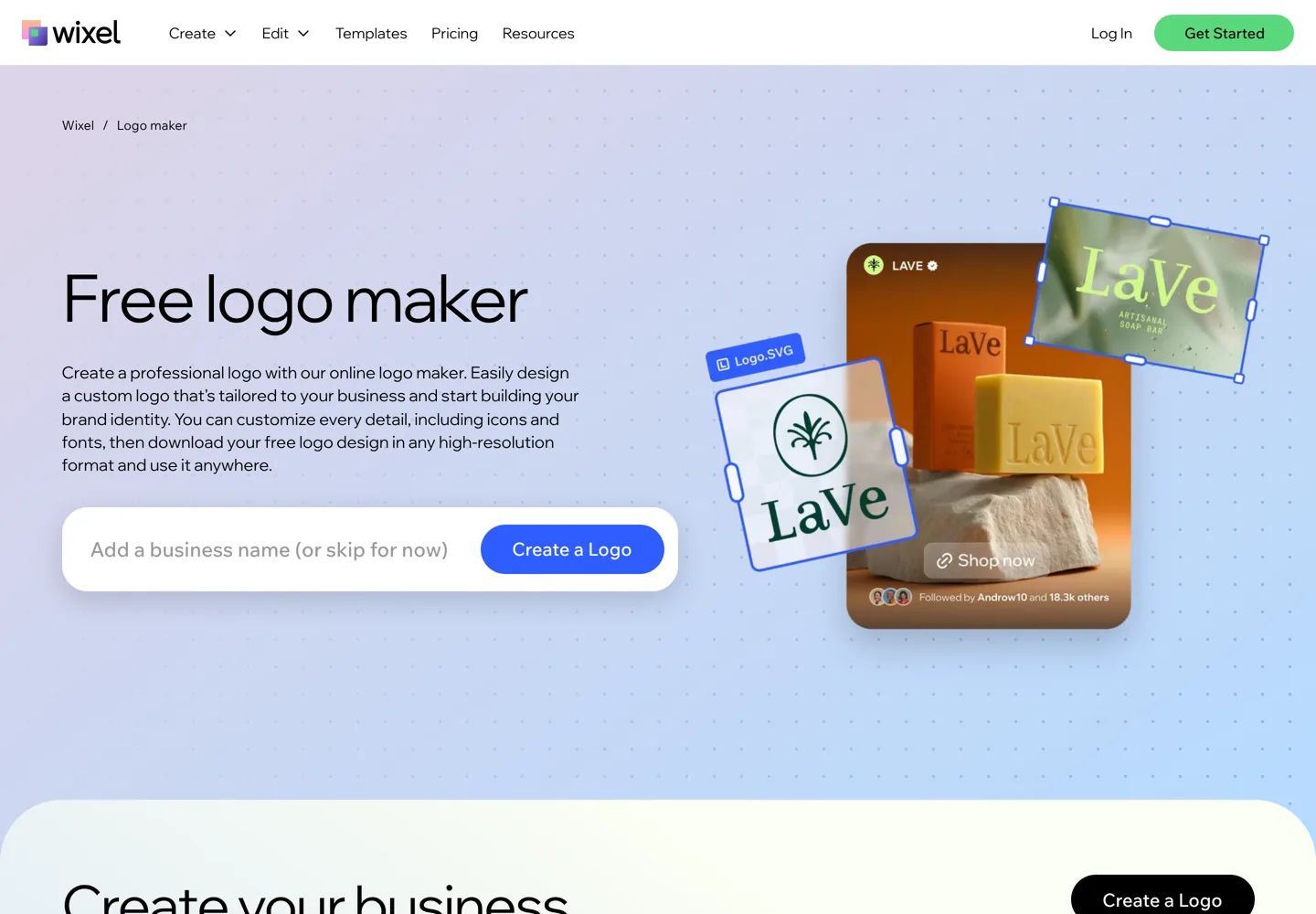Screenshot of Wix's free logo maker (Wixel) page.