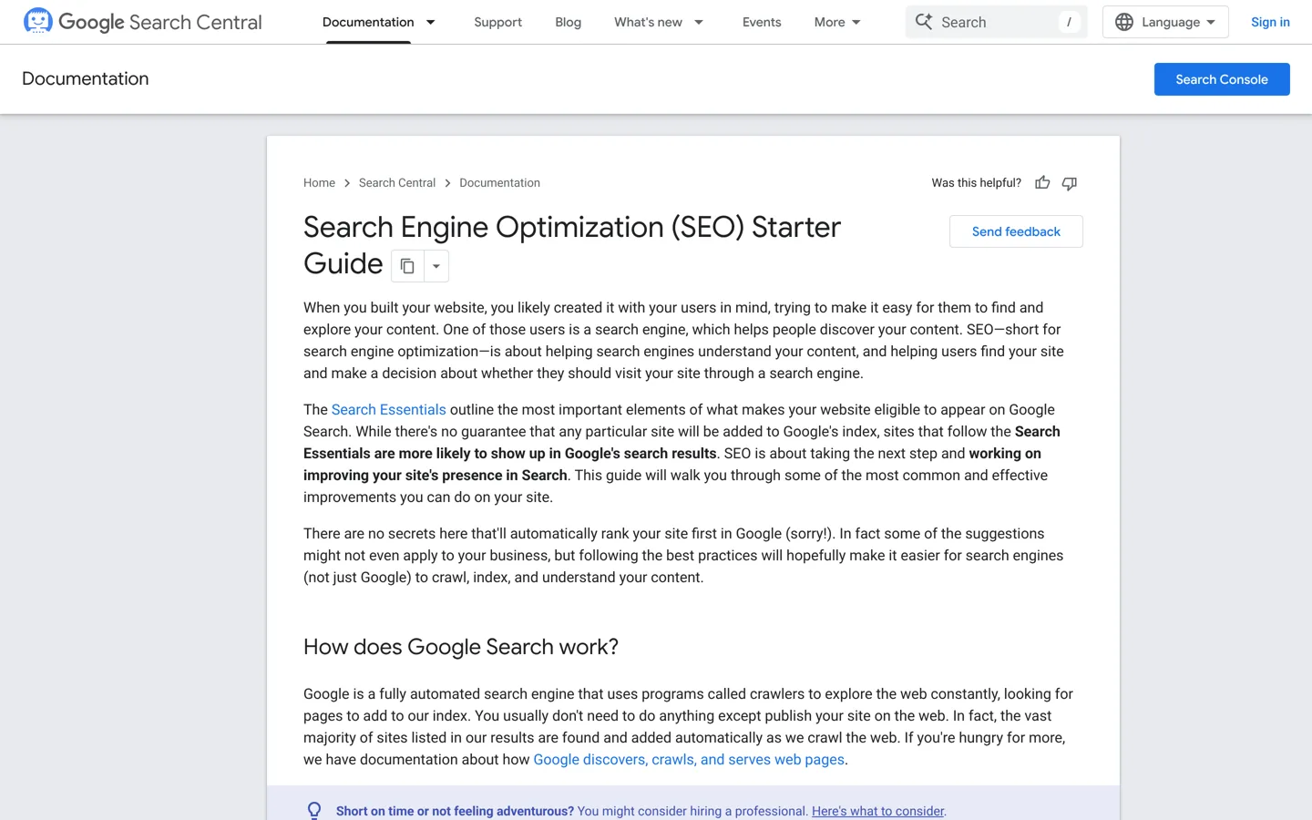 Screenshot of Google's SEO Starter Guide on Google Search Central.