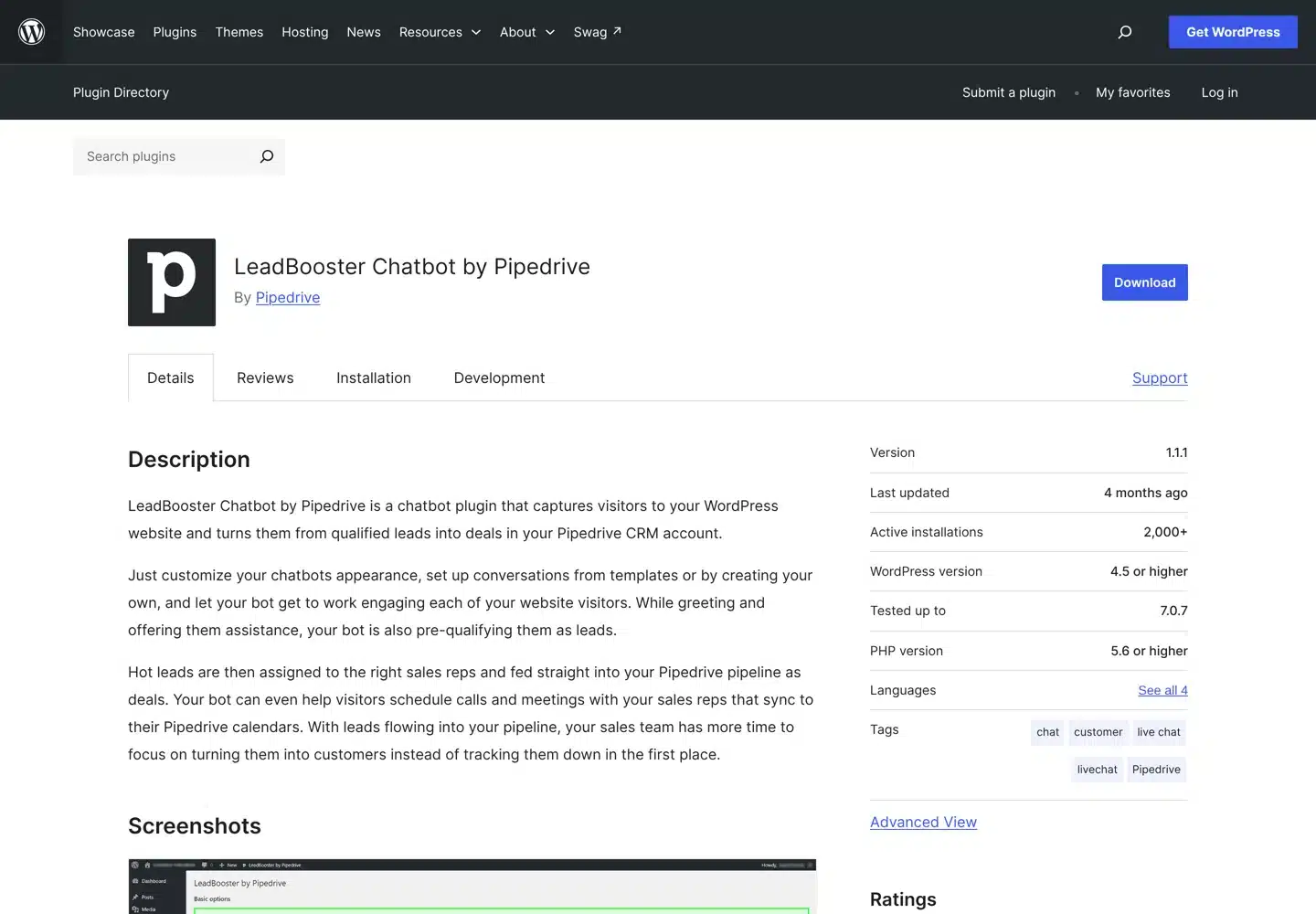 Screenshot of the LeadBooster Chatbot by Pipedrive plugin page on WordPress.org.