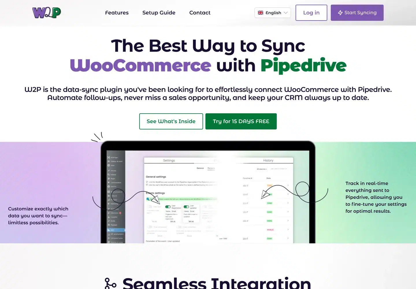 Screenshot of the W2P WooCommerce to Pipedrive website.