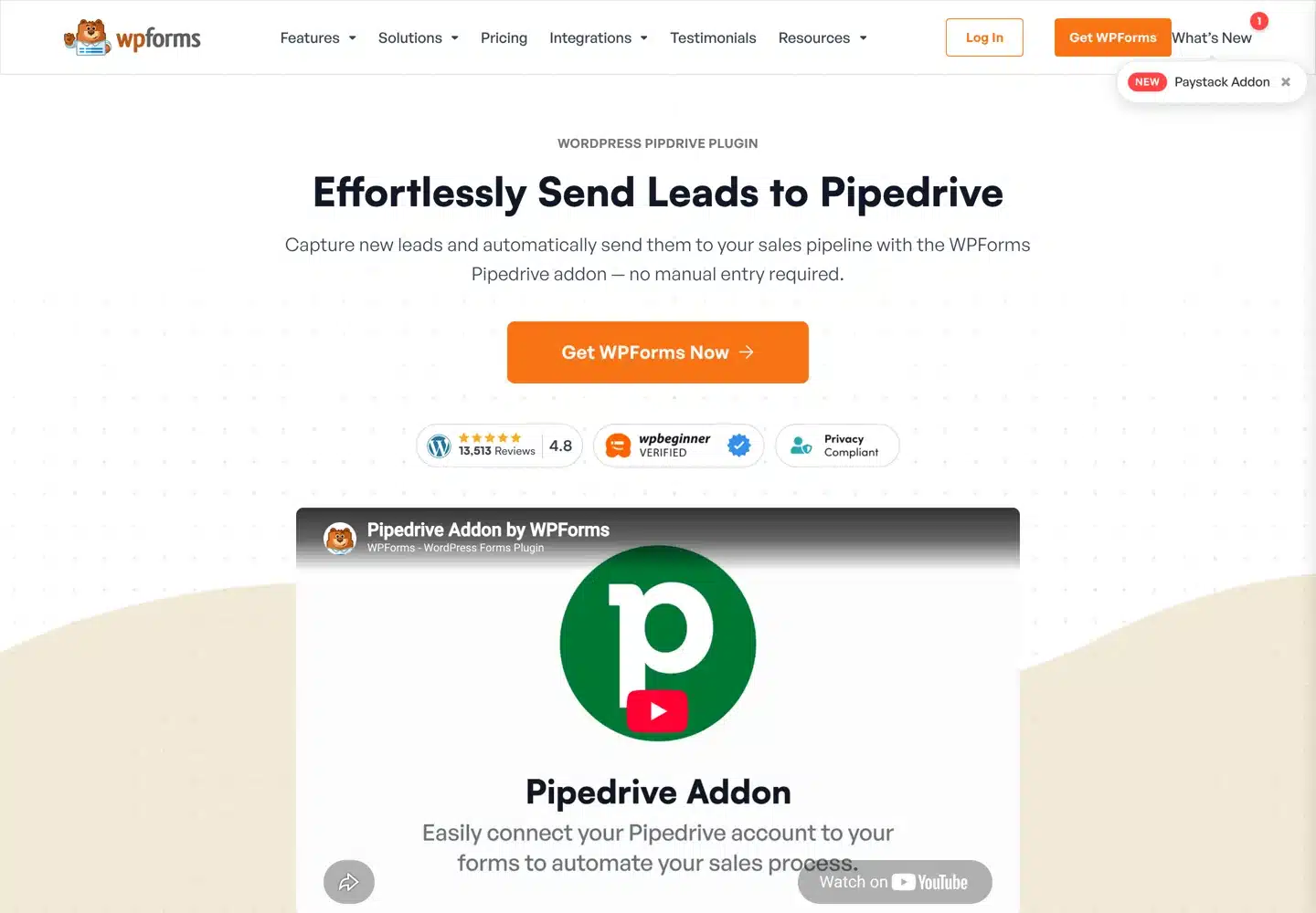 Screenshot of the WPForms Pipedrive addon page.