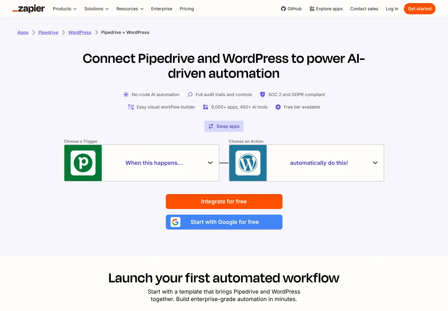 Screenshot of Zapier's Pipedrive and WordPress integration page.
