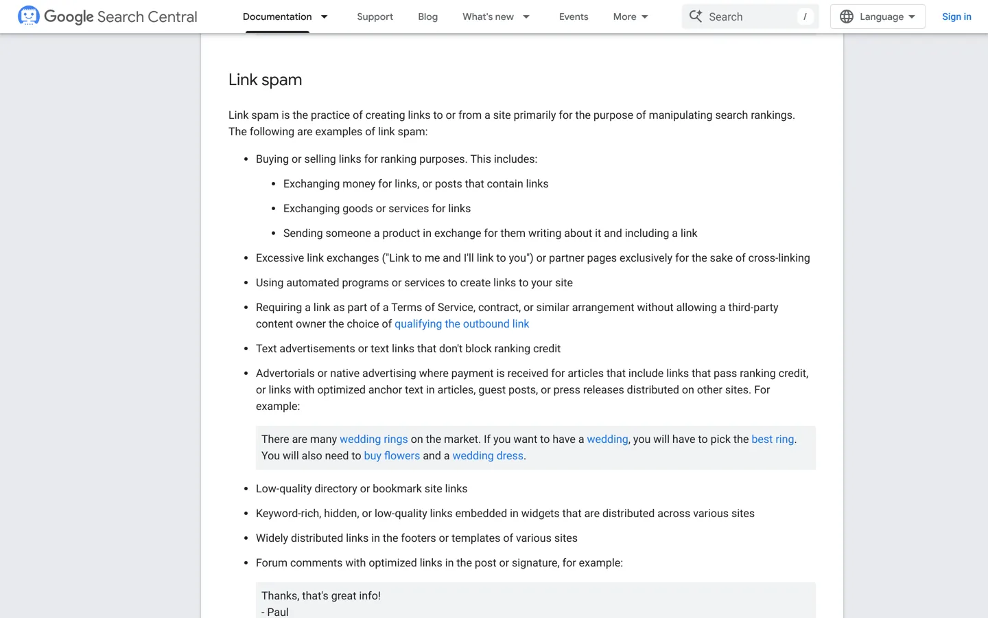 Screenshot of Google Search Central's spam policies page.