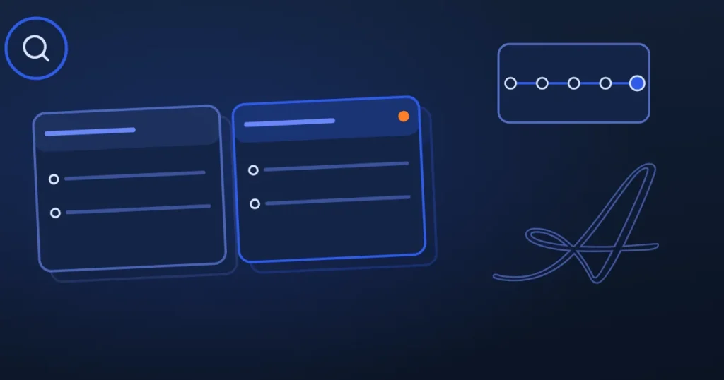 Line drawing of two side-by-side panels beside the site's A, in midnight and blue