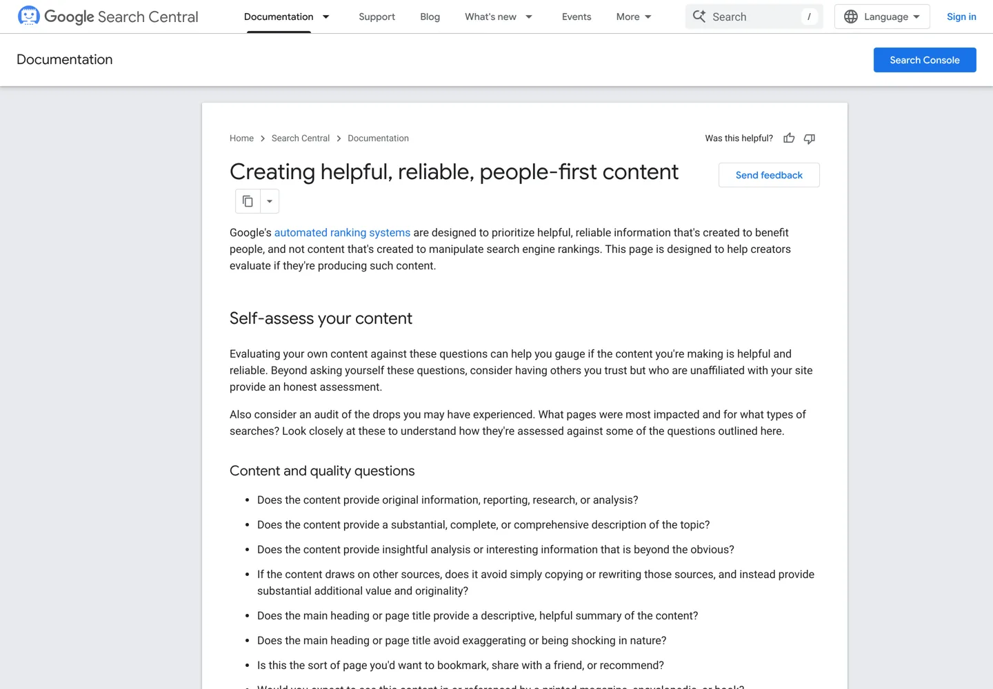 Screenshot of Google Search Central's page on creating helpful, reliable, people-first content.