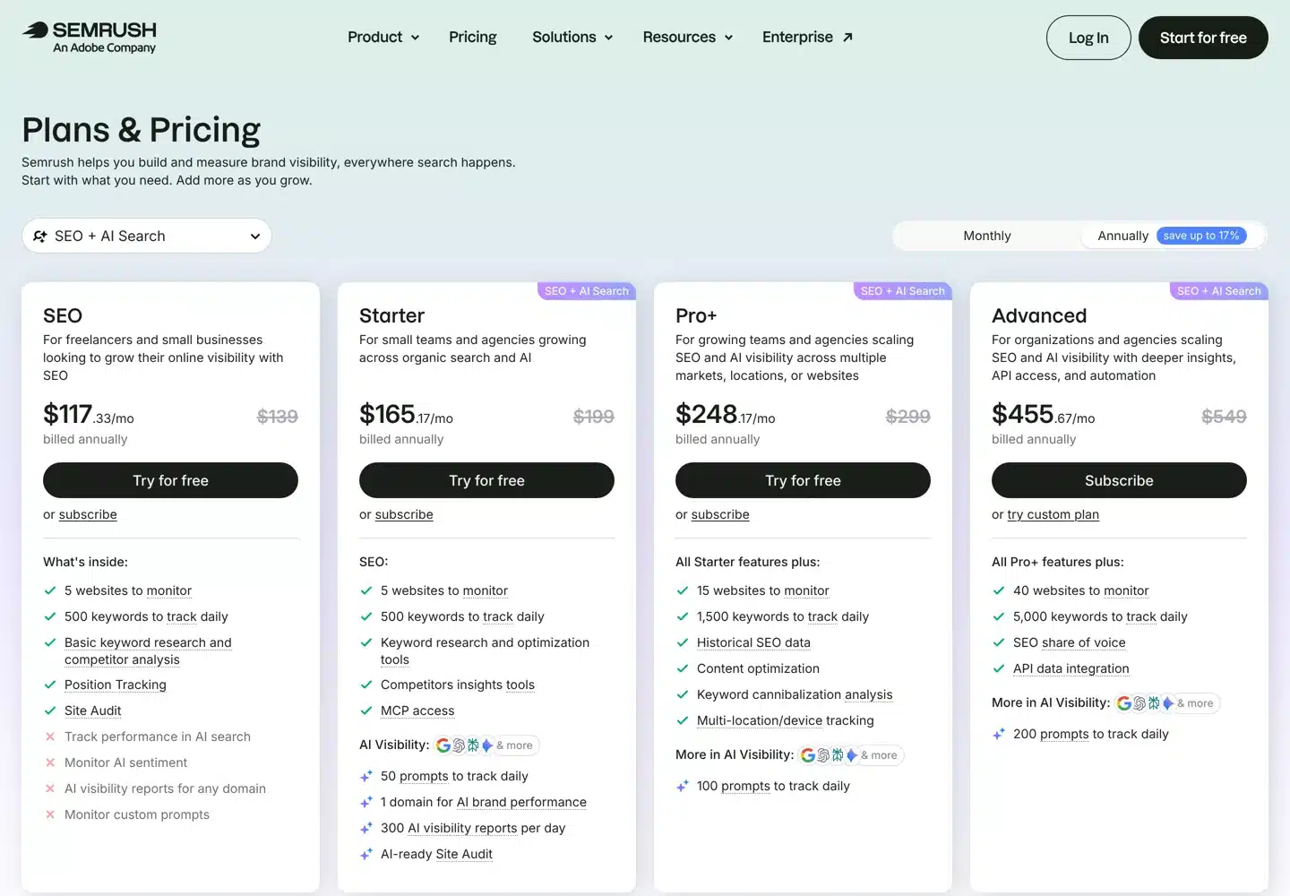 Screenshot of Semrush's pricing page showing the SEO, Starter, Pro+ and Advanced plans with yearly-billed prices and the monthly price beside each.