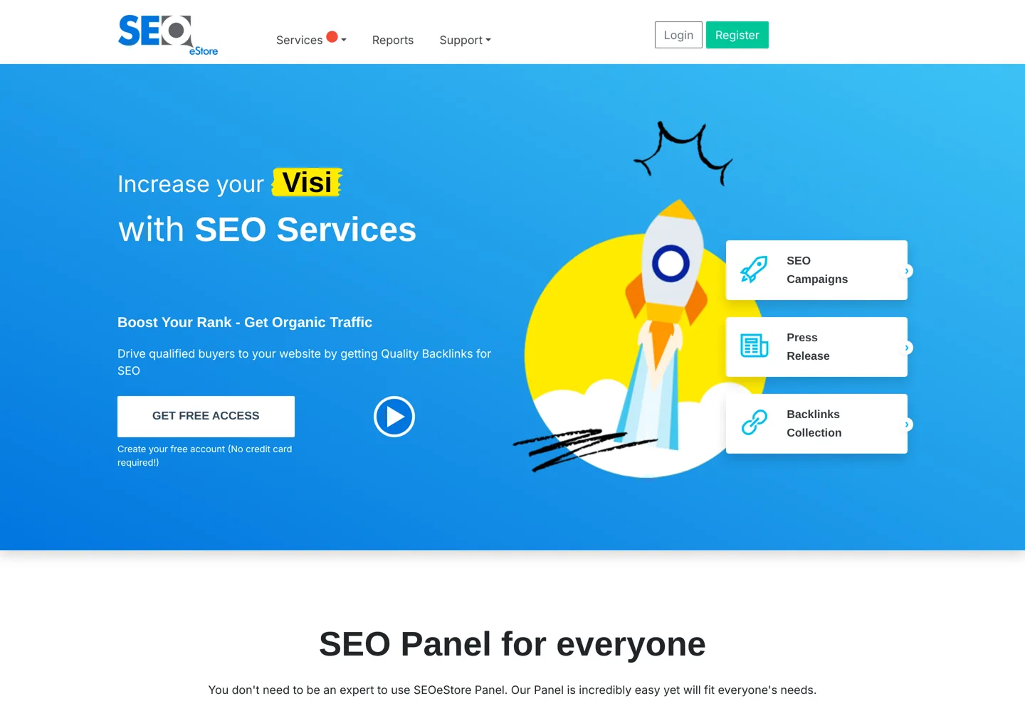 Screenshot of SEOeStore's panel home page offering SEO campaigns, press releases and backlinks.