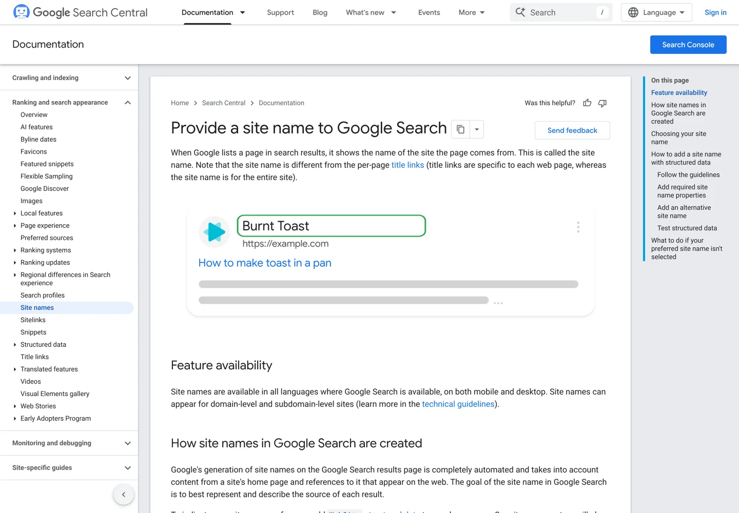 Screenshot of Google Search Central's page on site names, explaining how Google chooses the name shown next to search results.