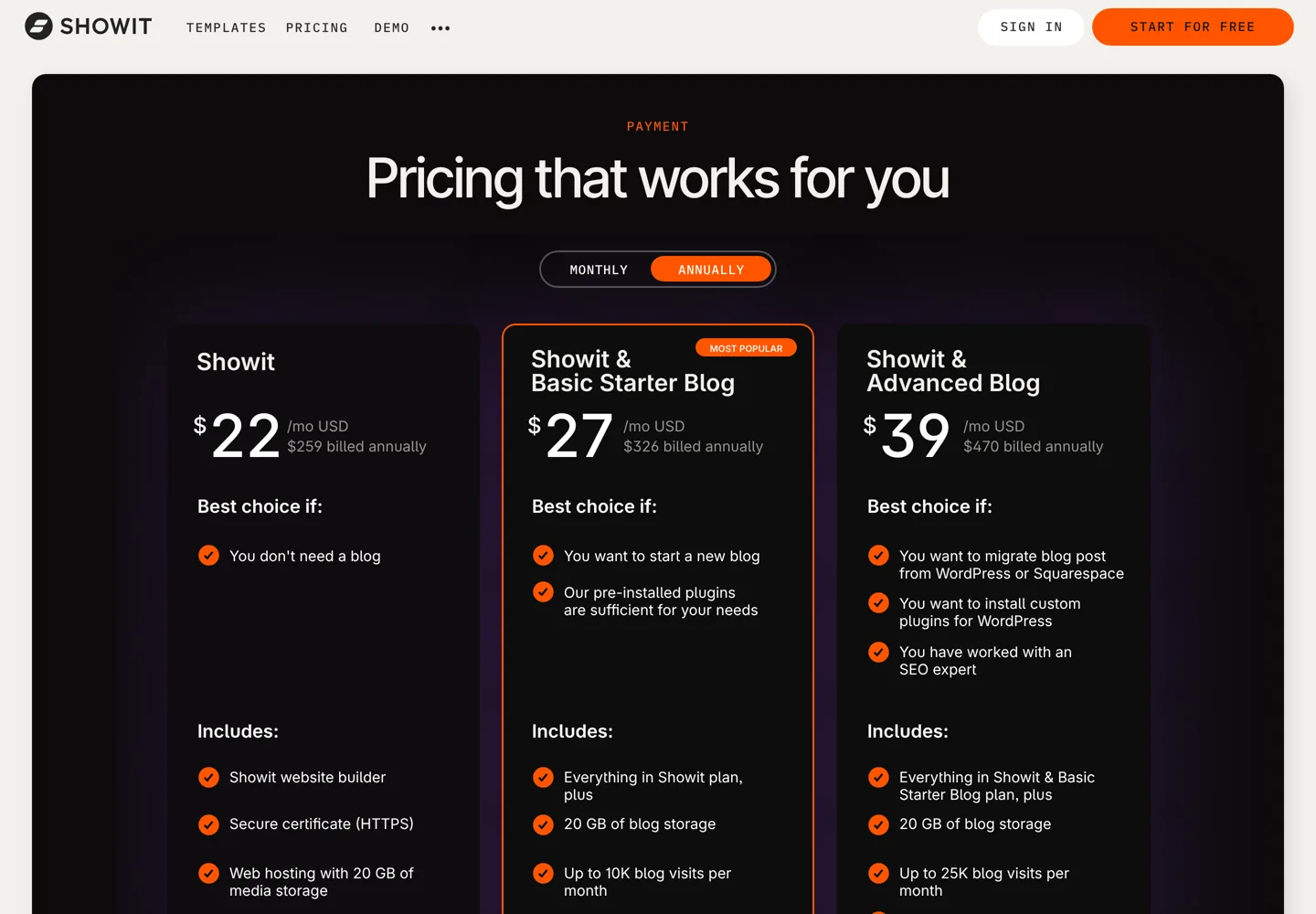 Screenshot of Showit's pricing page with its three plans.
