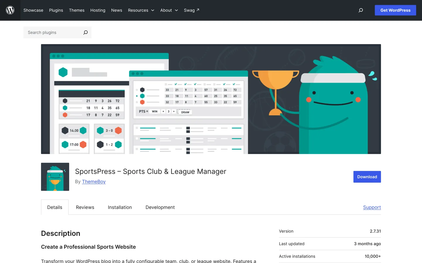 Screenshot of the SportsPress plugin page on WordPress.org.
