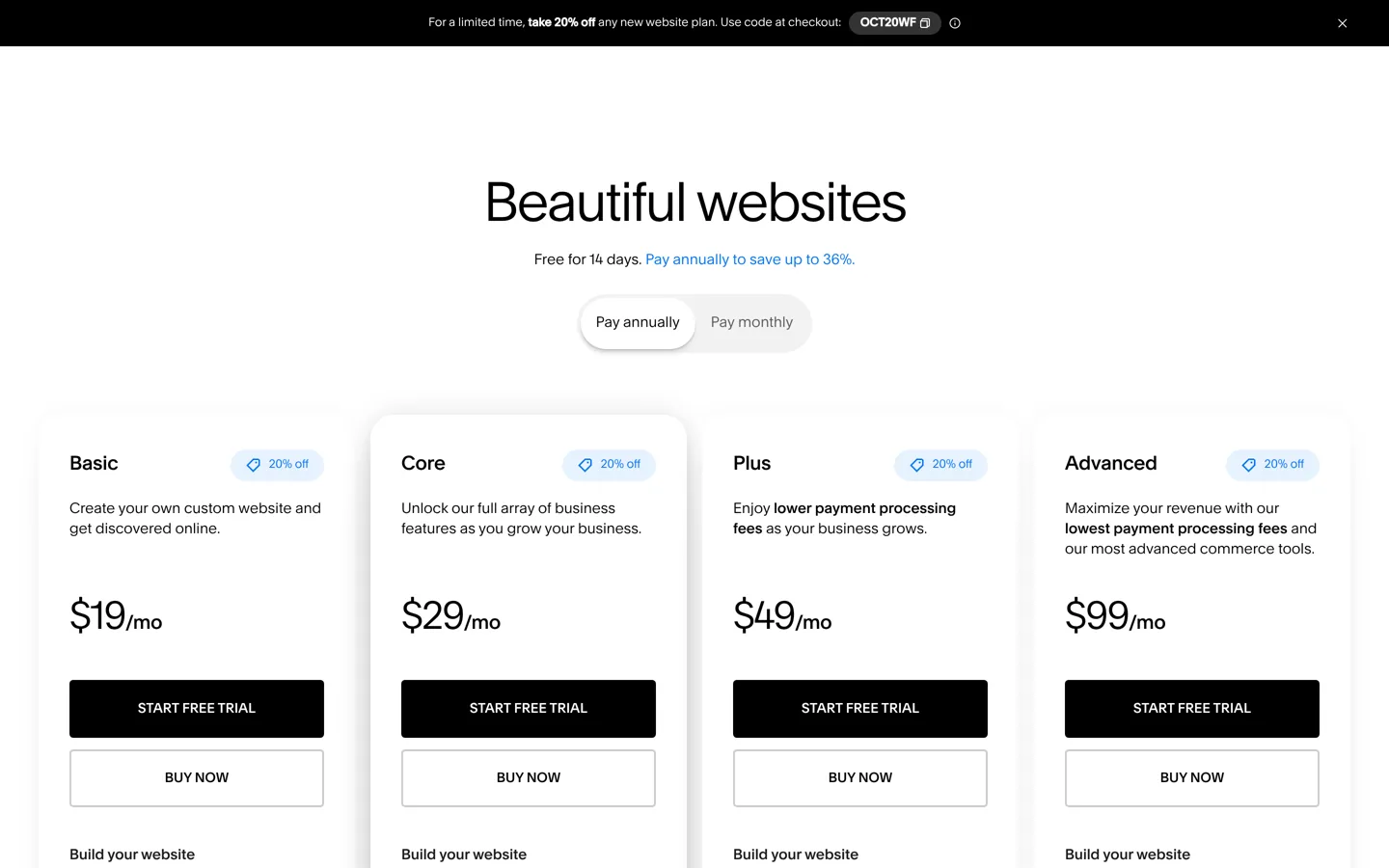 Screenshot of Squarespace's pricing page.