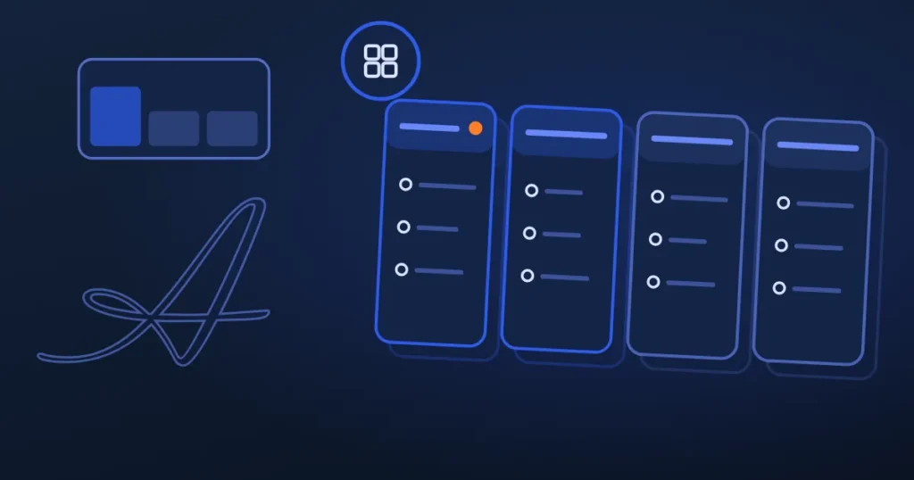 Line drawing of side-by-side panels beside the site's A, in midnight and blue
