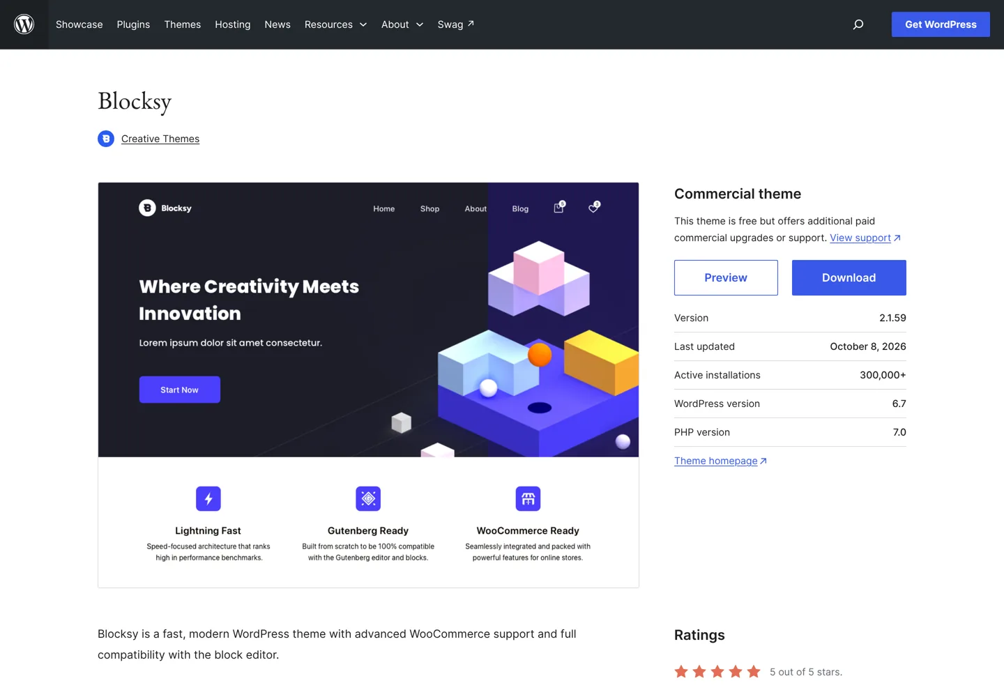 Screenshot of the Blocksy theme page on WordPress.org.