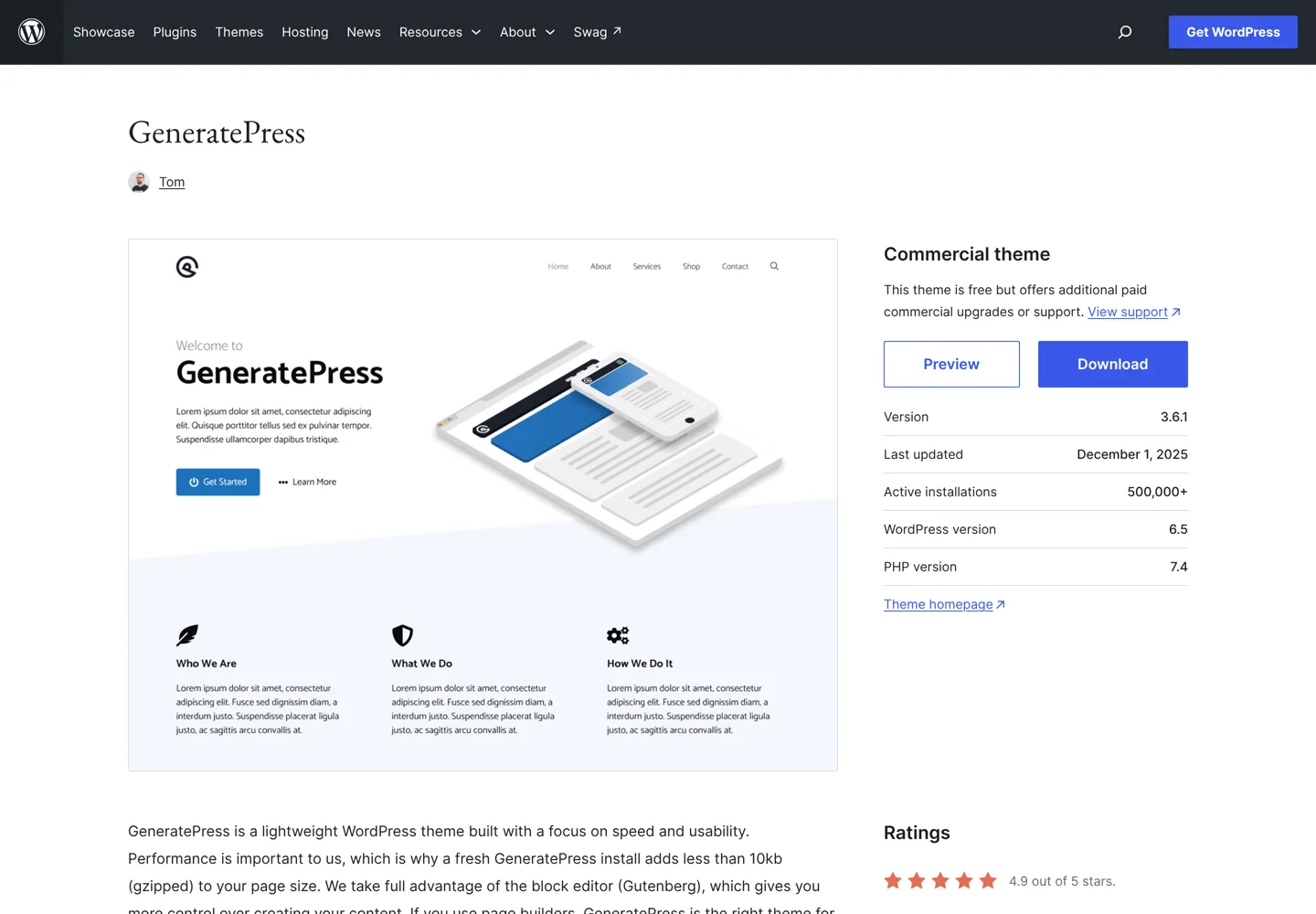 Screenshot of the GeneratePress theme page on WordPress.org.