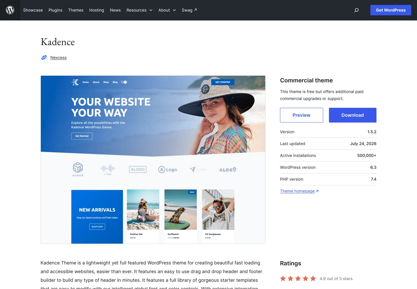 Screenshot of the Kadence theme page on WordPress.org.