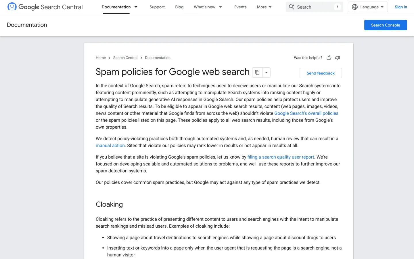 Screenshot of Google's spam policies for web search.