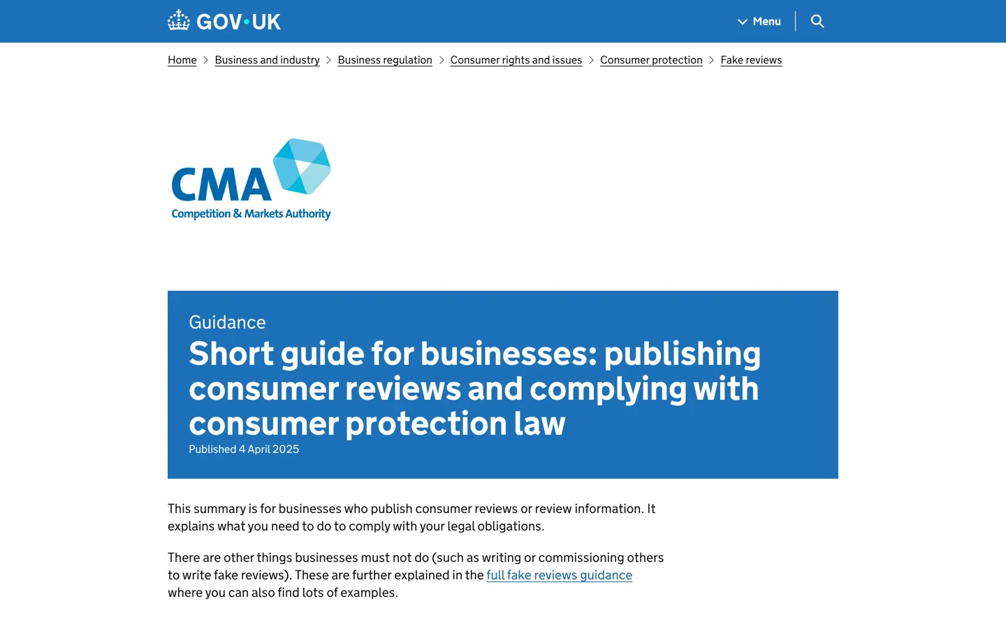 Screenshot of the CMA's short guide for businesses publishing consumer reviews on GOV.UK.