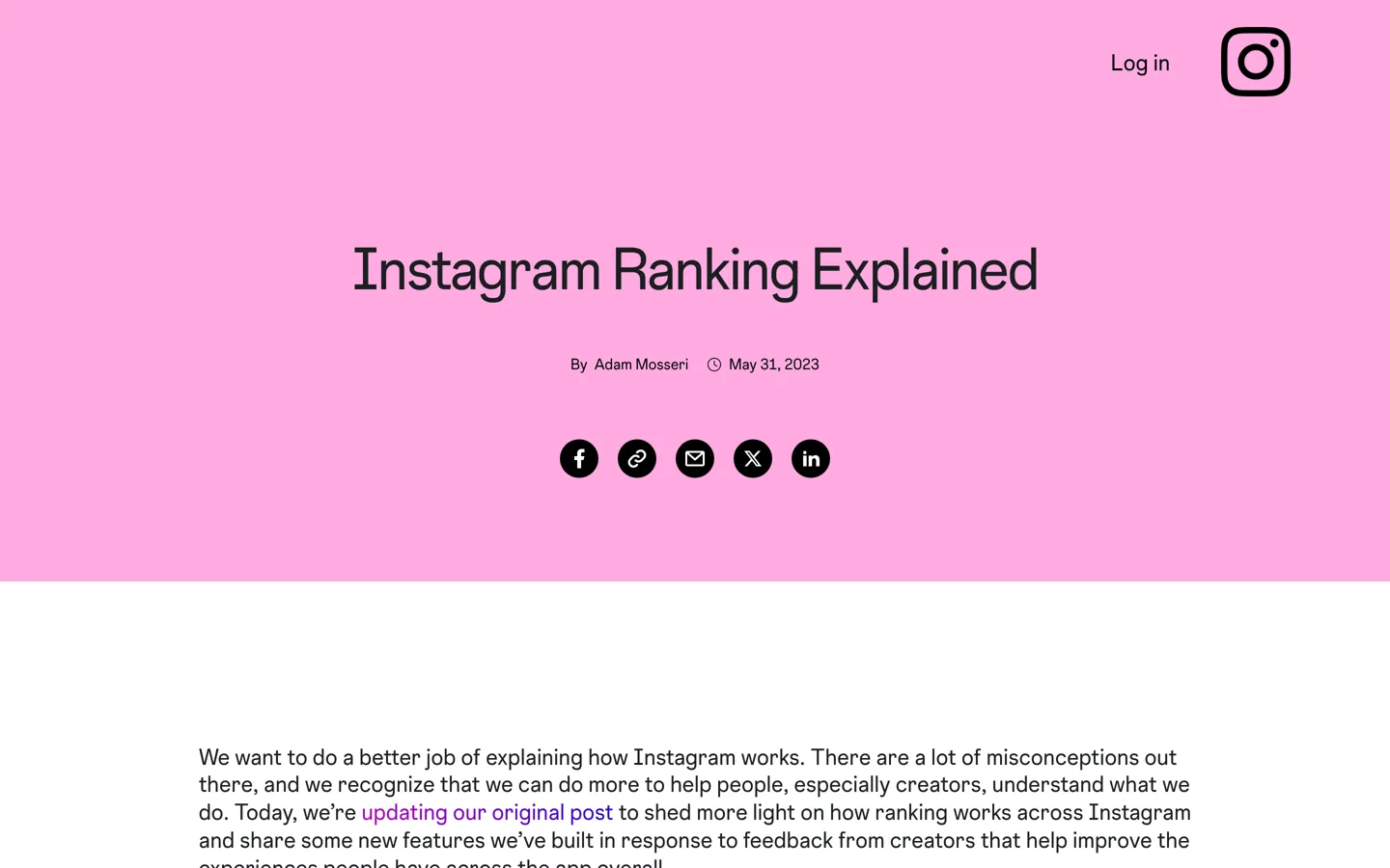 Screenshot of Instagram's 'Instagram Ranking Explained' page.