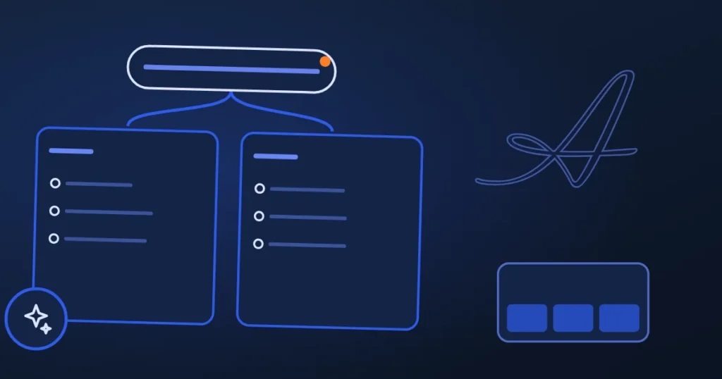 Line drawing of linked pages beside the site's A, in midnight and blue