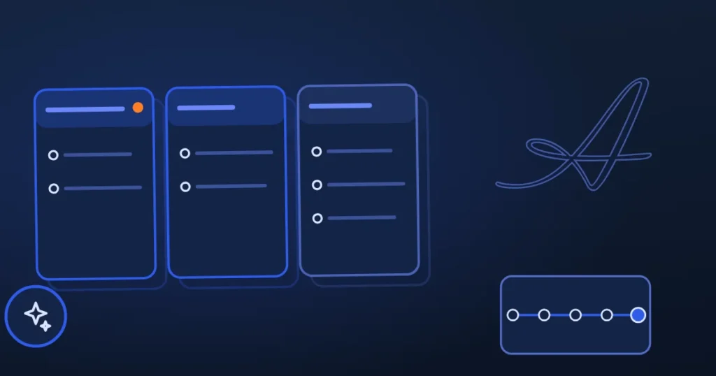 Line drawing of rising ladder steps beside the site's A, in midnight and blue