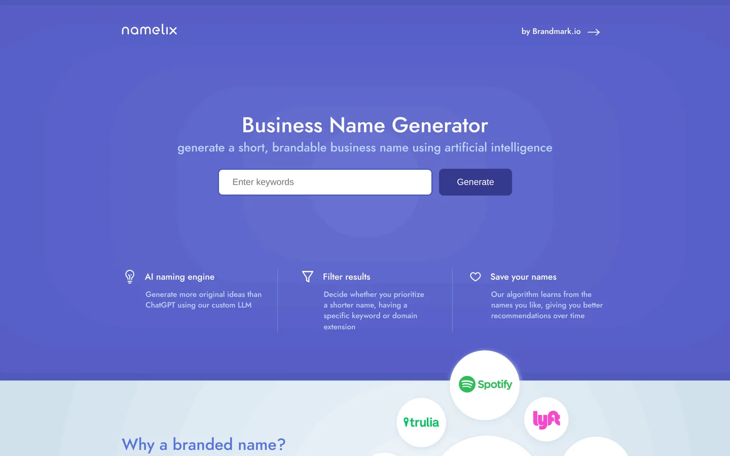 Screenshot of the Namelix business name generator home page.