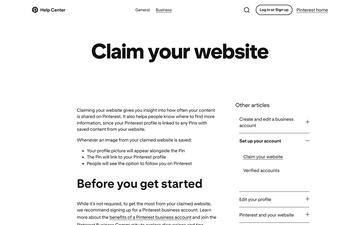Screenshot of Pinterest Help's page on claiming your website.