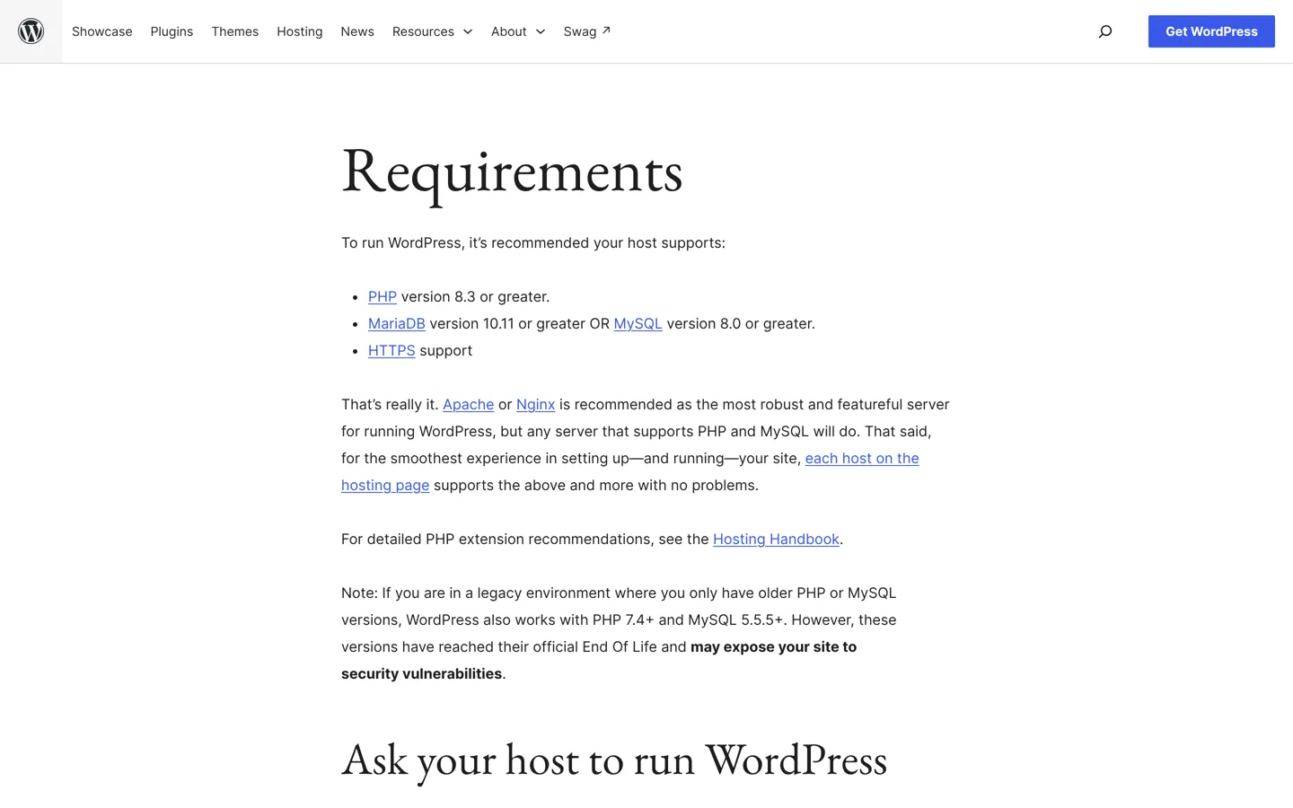 Screenshot of the WordPress.org requirements page.