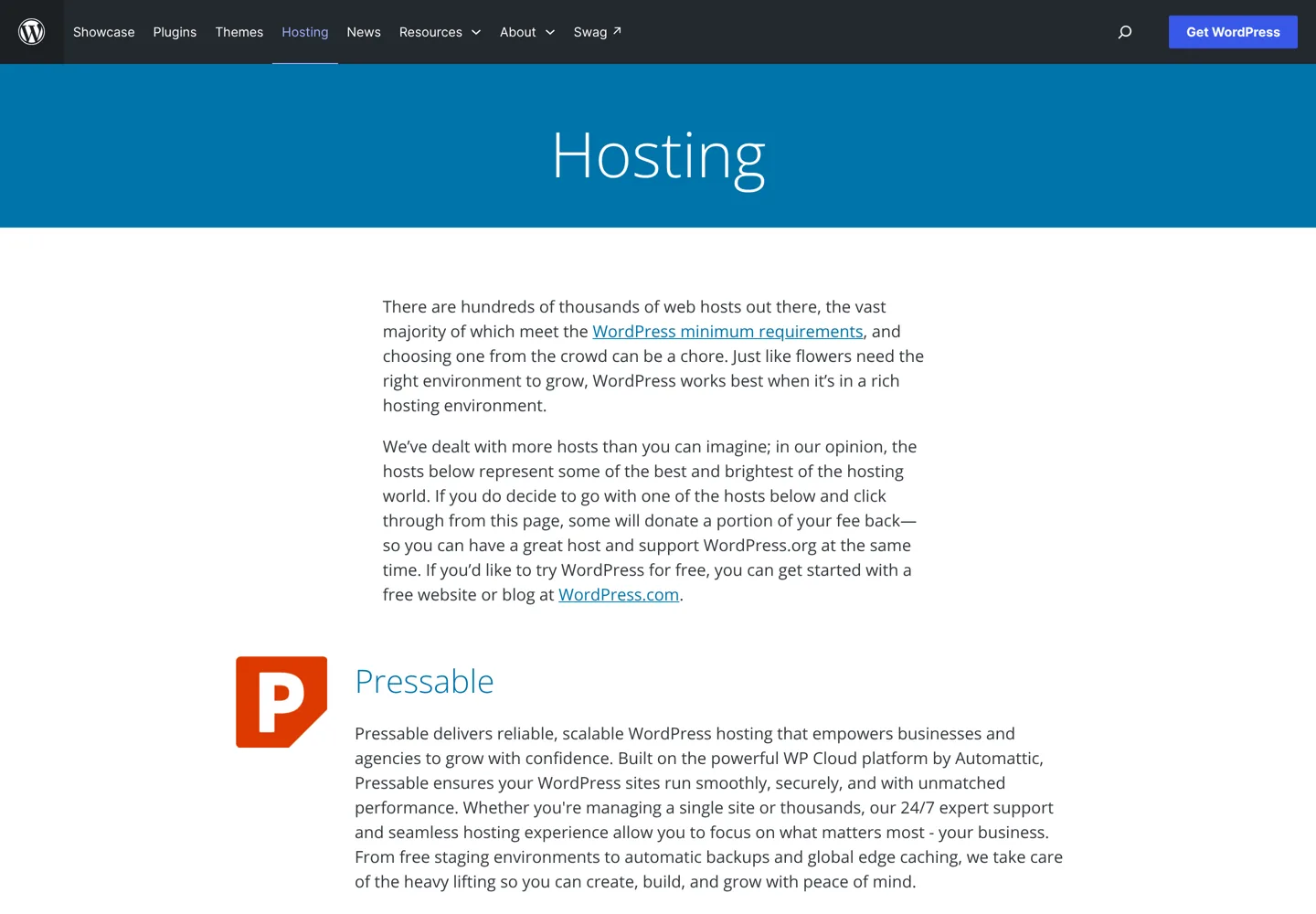 Screenshot of the WordPress.org hosting page listing its recommended hosts.