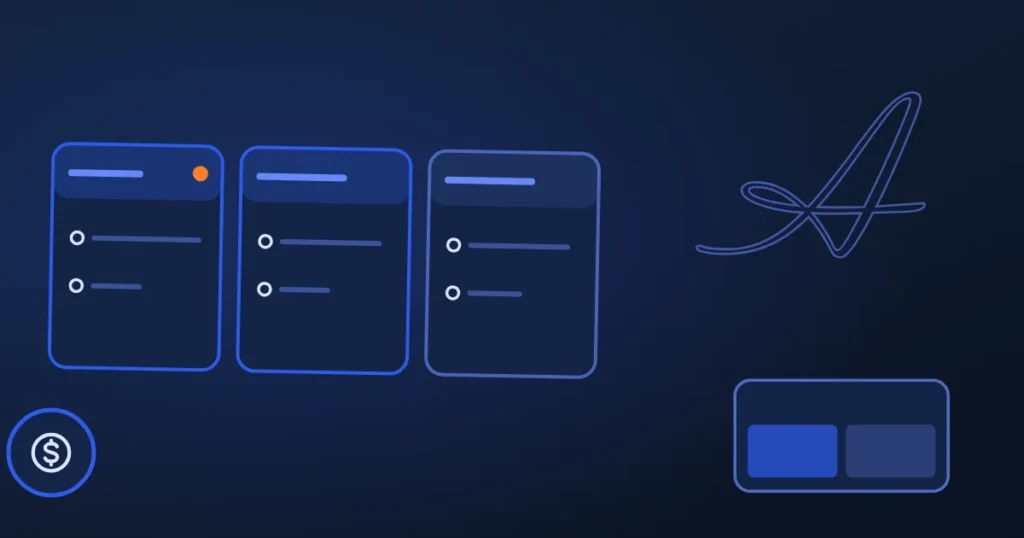 Line drawing of ad panels beside the site's A, in midnight and blue