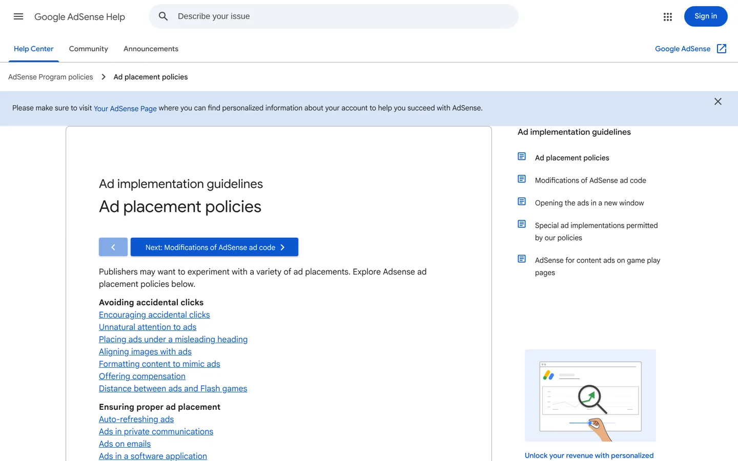 Screenshot of Google AdSense Help's ad placement policies page.
