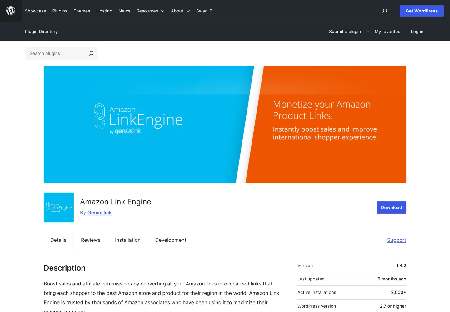 Screenshot of the Amazon Link Engine plugin page on WordPress.org.