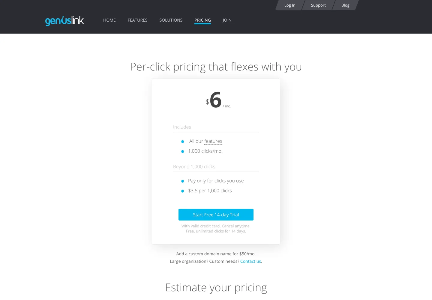 Screenshot of Geniuslink's pricing page: $3.5 per 1,000 clicks with a 14-day free trial.