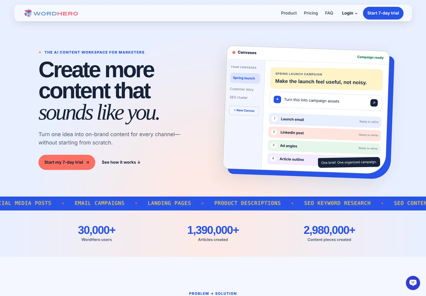 Screenshot of WordHero's home page: an AI content workspace for marketers with a 7-day trial.