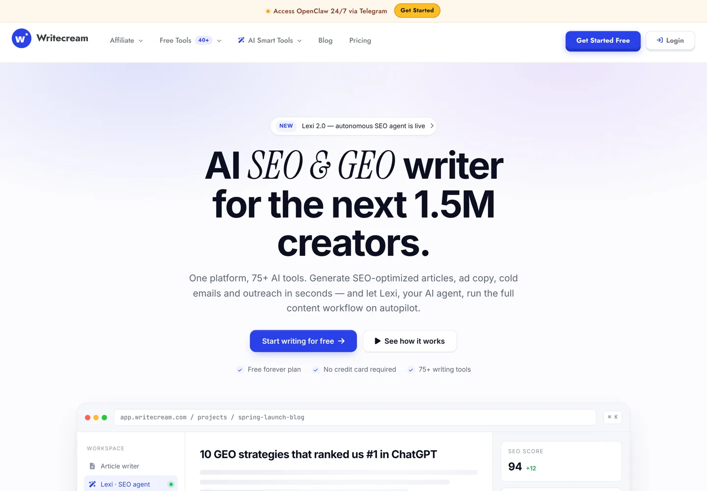 Screenshot of Writecream's home page with its AI writing tools.