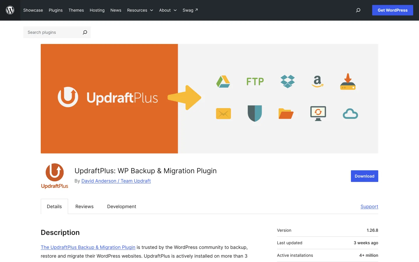 Screenshot of the UpdraftPlus plugin page on WordPress.org.