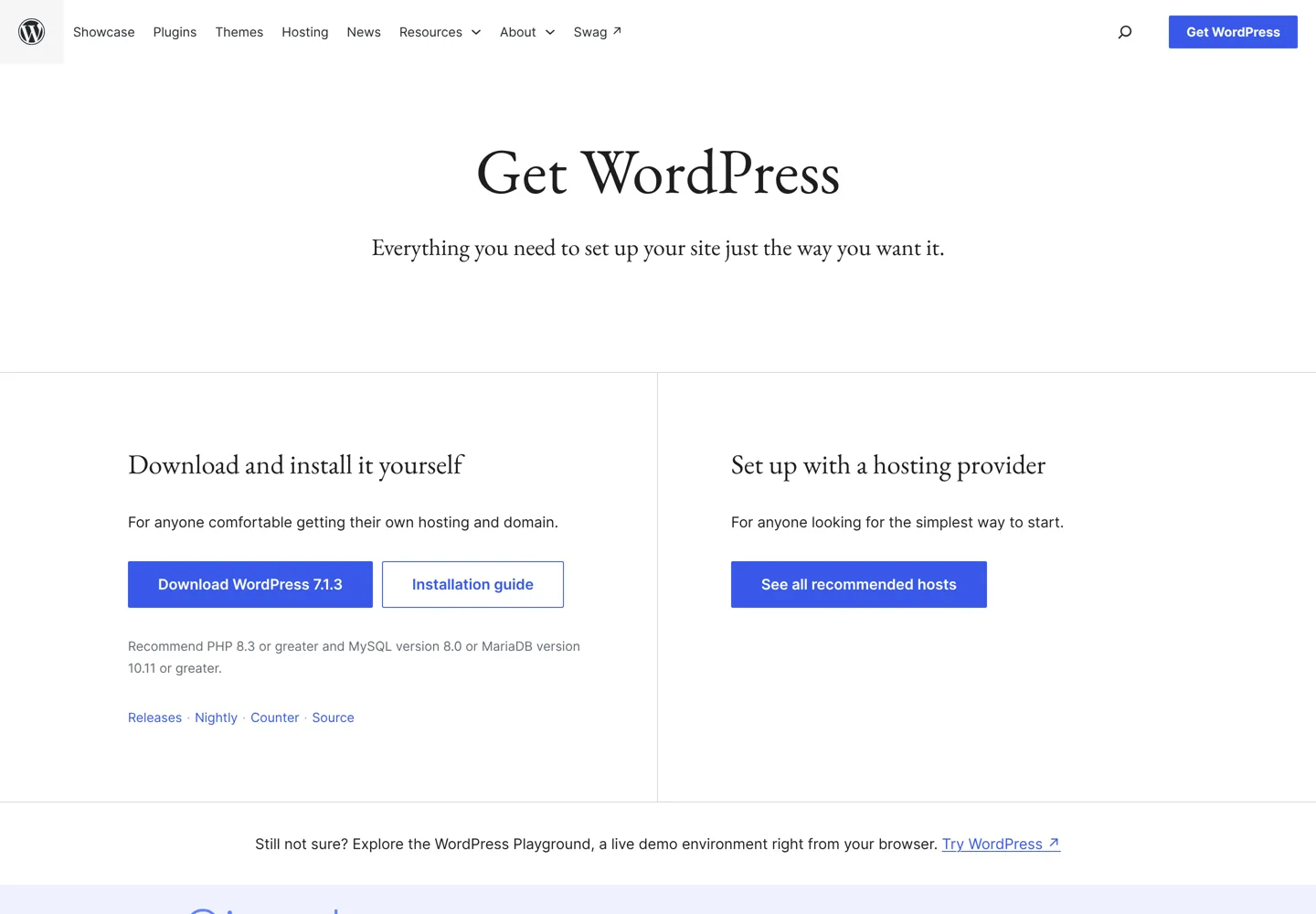 Screenshot of WordPress.org's Get WordPress page with the download button and the recommended PHP and database versions.