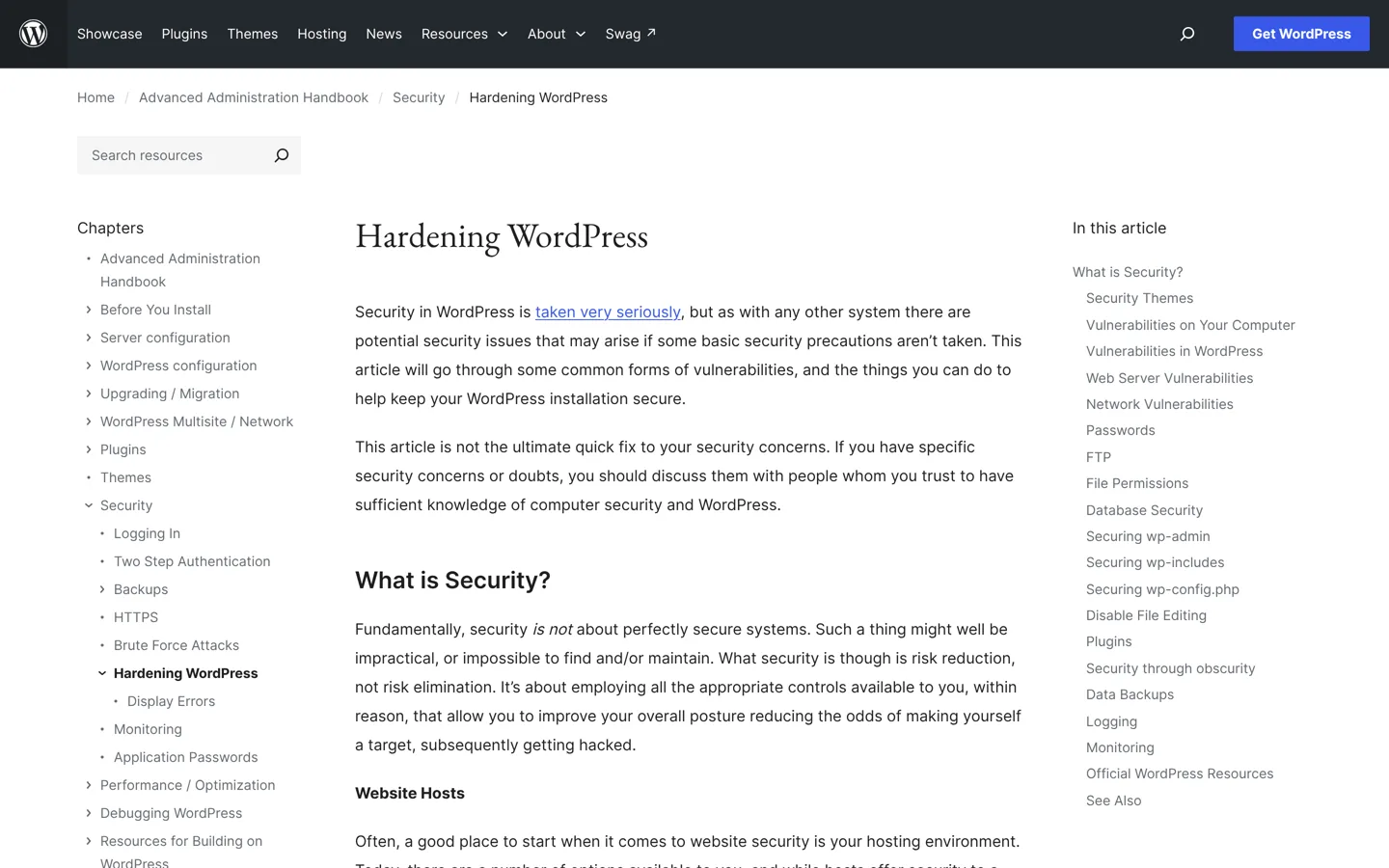 Screenshot of the Hardening WordPress page in WordPress.org's Advanced Administration handbook.