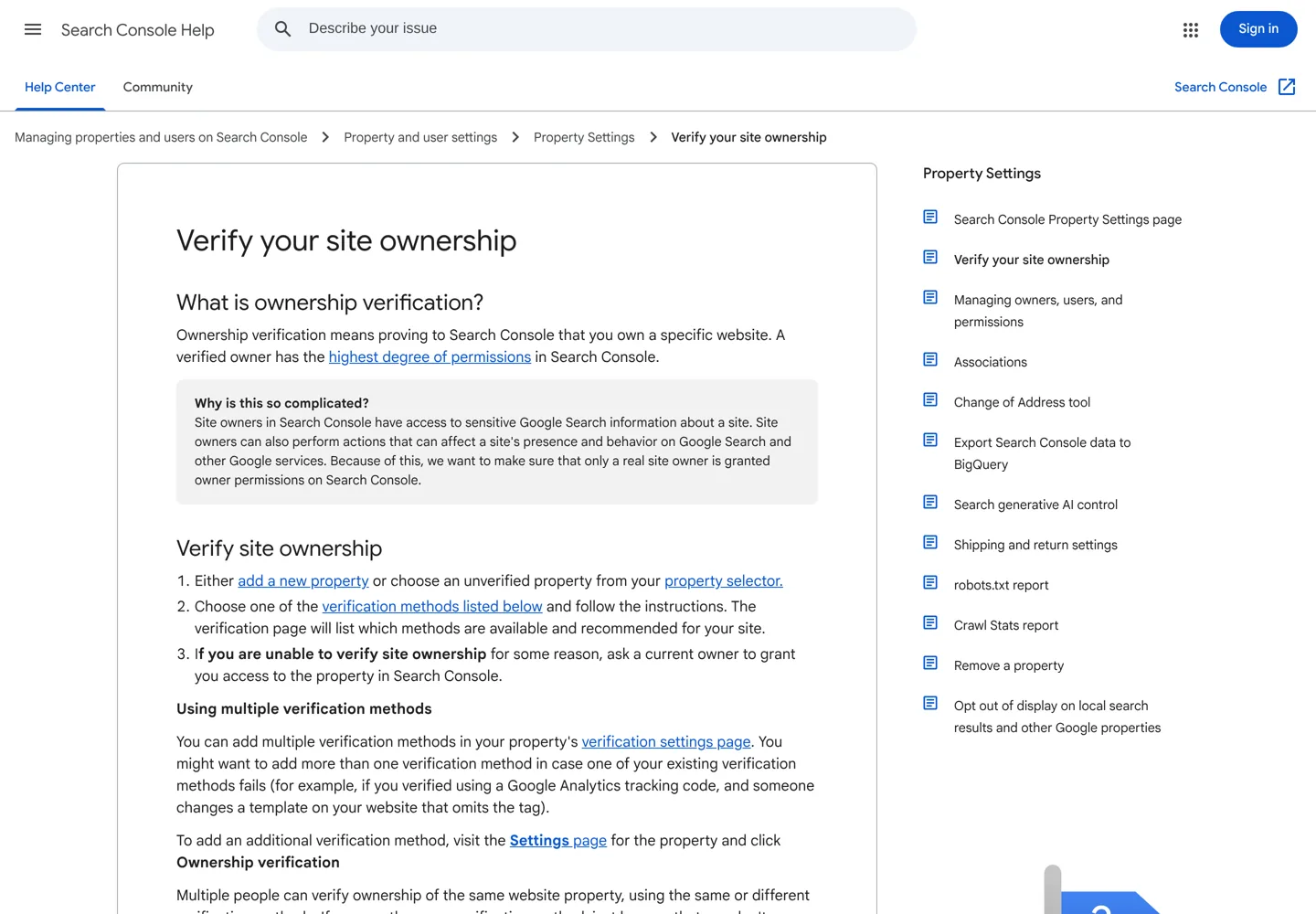 Screenshot of Google's Search Console Help page on verifying site ownership.