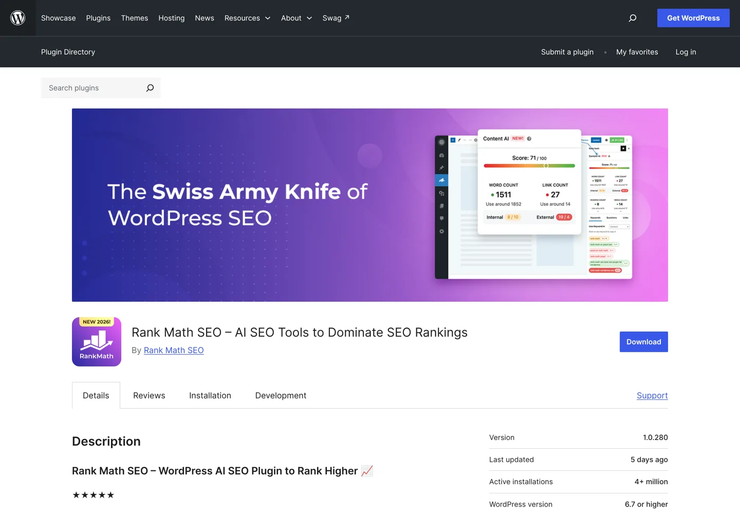Screenshot of the Rank Math SEO plugin page on WordPress.org.