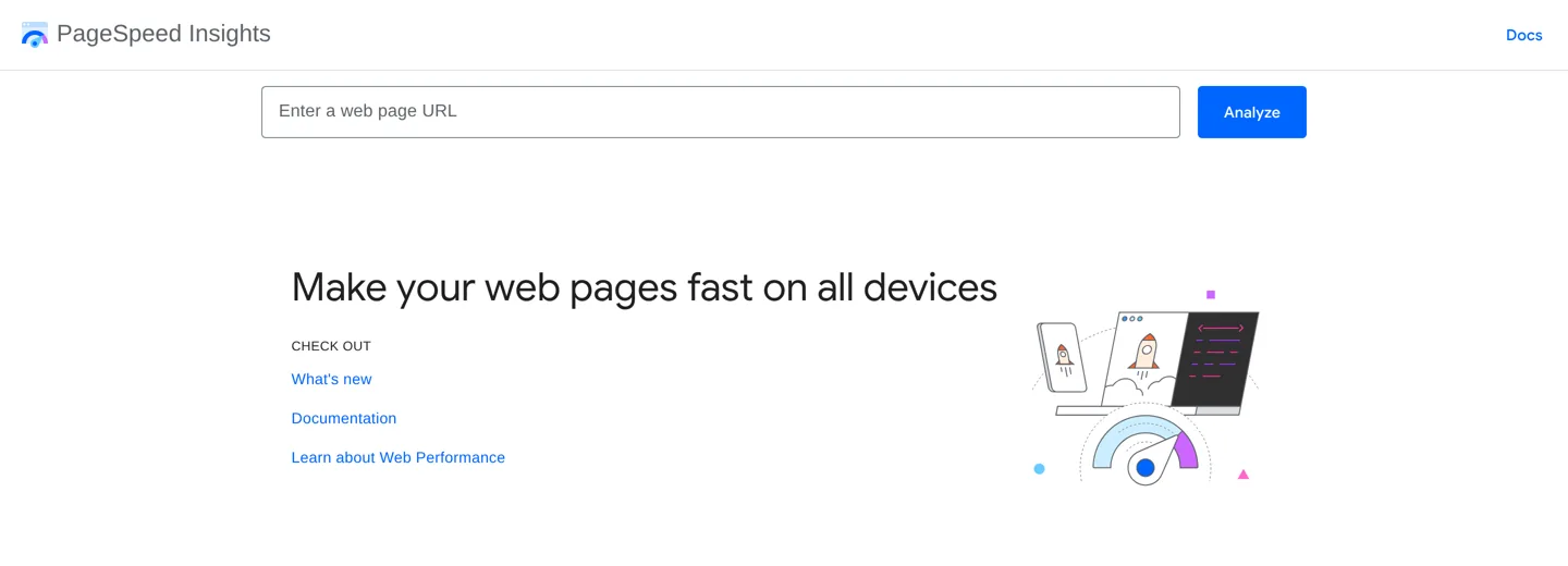 Screenshot of the PageSpeed Insights start page, where you enter a web page URL to test.