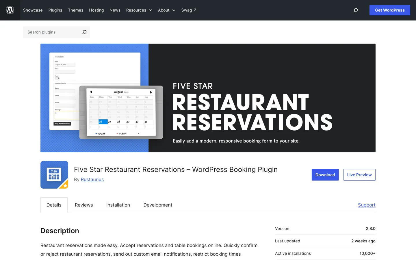 Screenshot of the Five Star Restaurant Reservations plugin page on WordPress.org.