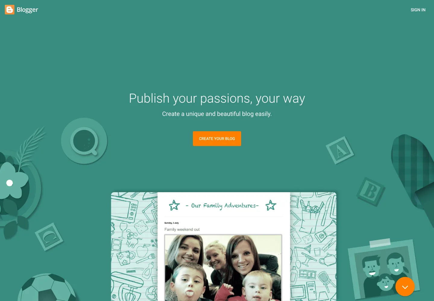 Screenshot of Blogger's About page: templates, domains, earning with AdSense and built-in analytics.