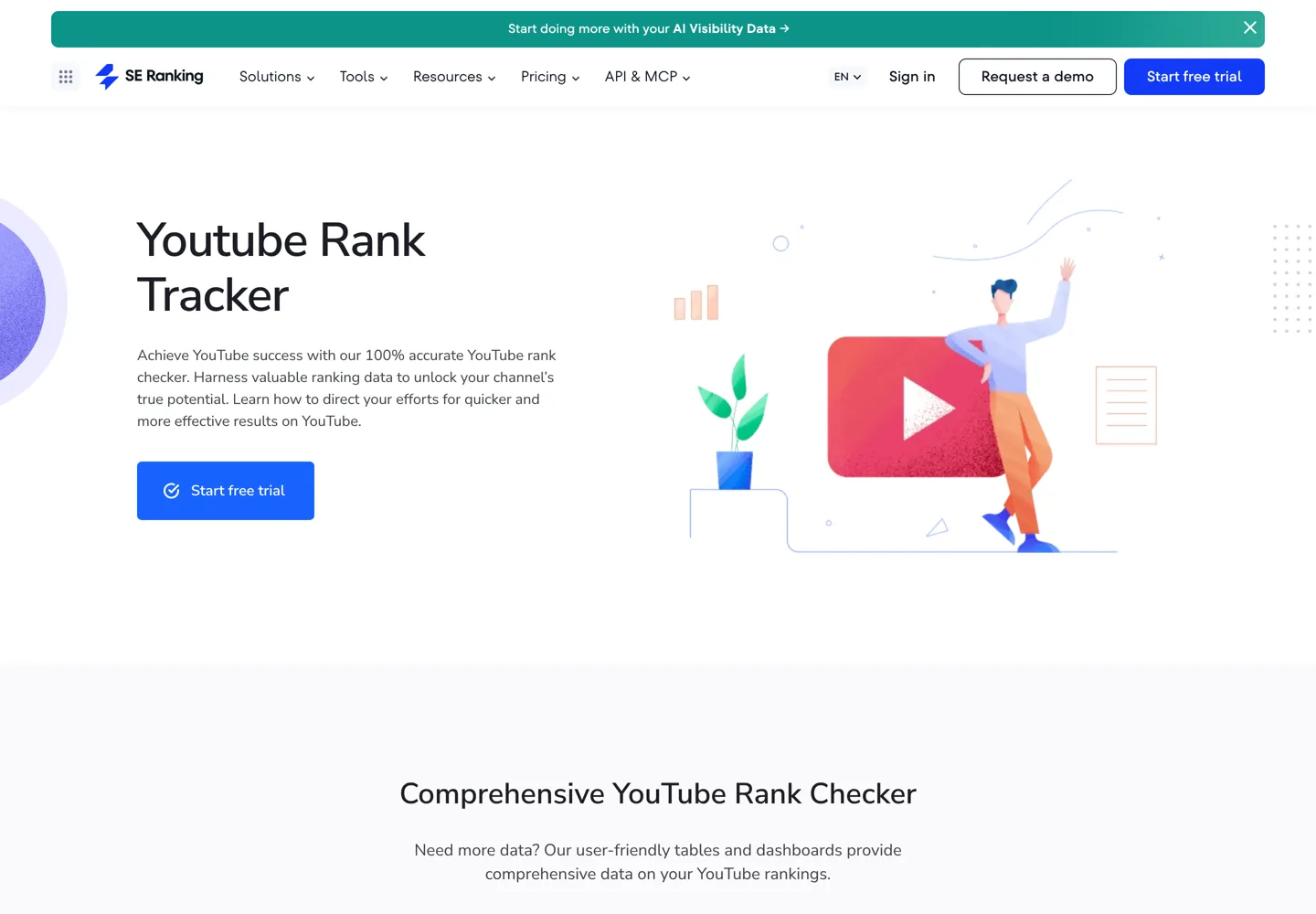 Screenshot of SE Ranking's YouTube rank tracker page.