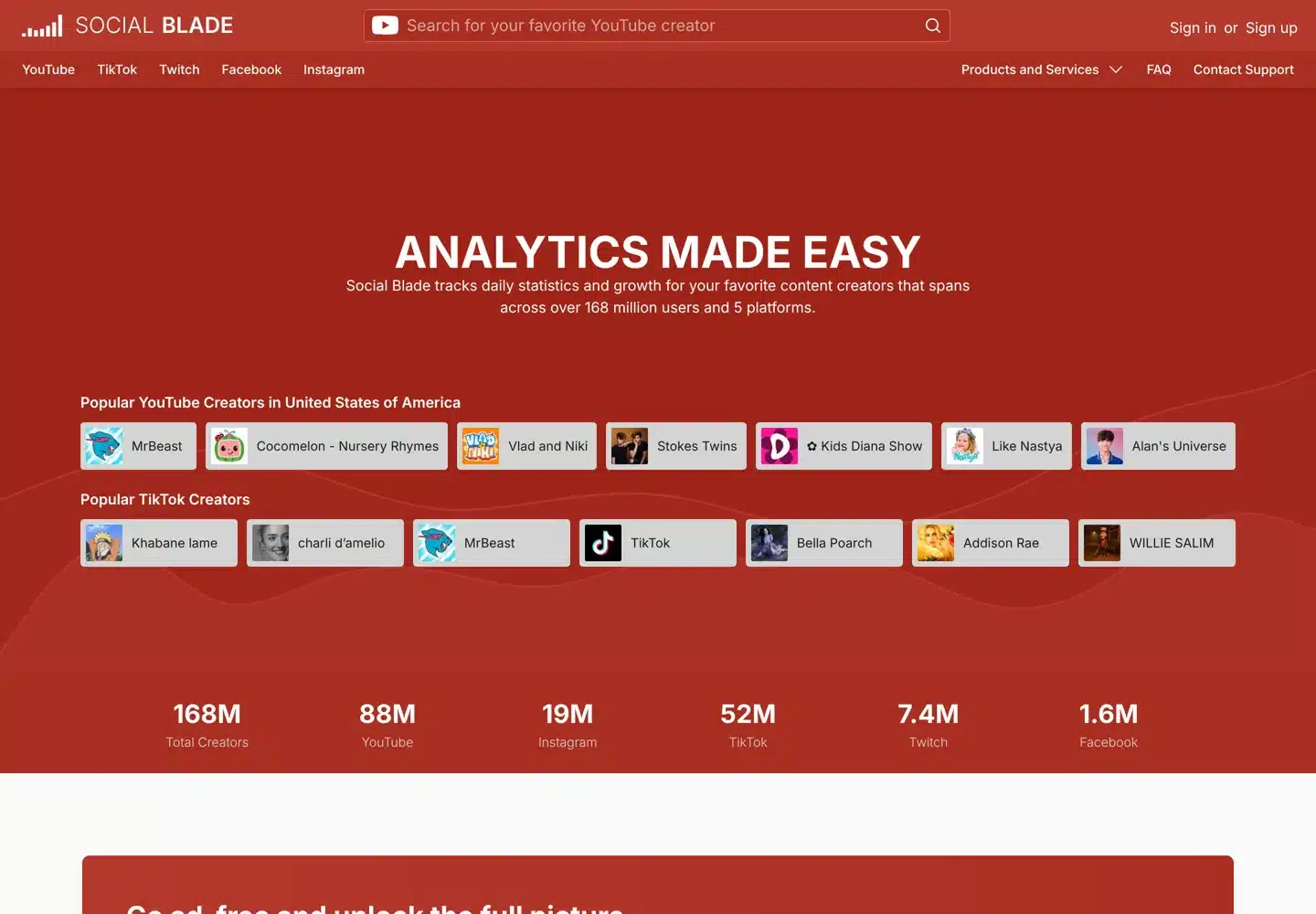 Screenshot of Social Blade's home page with the creator search box and top creators.