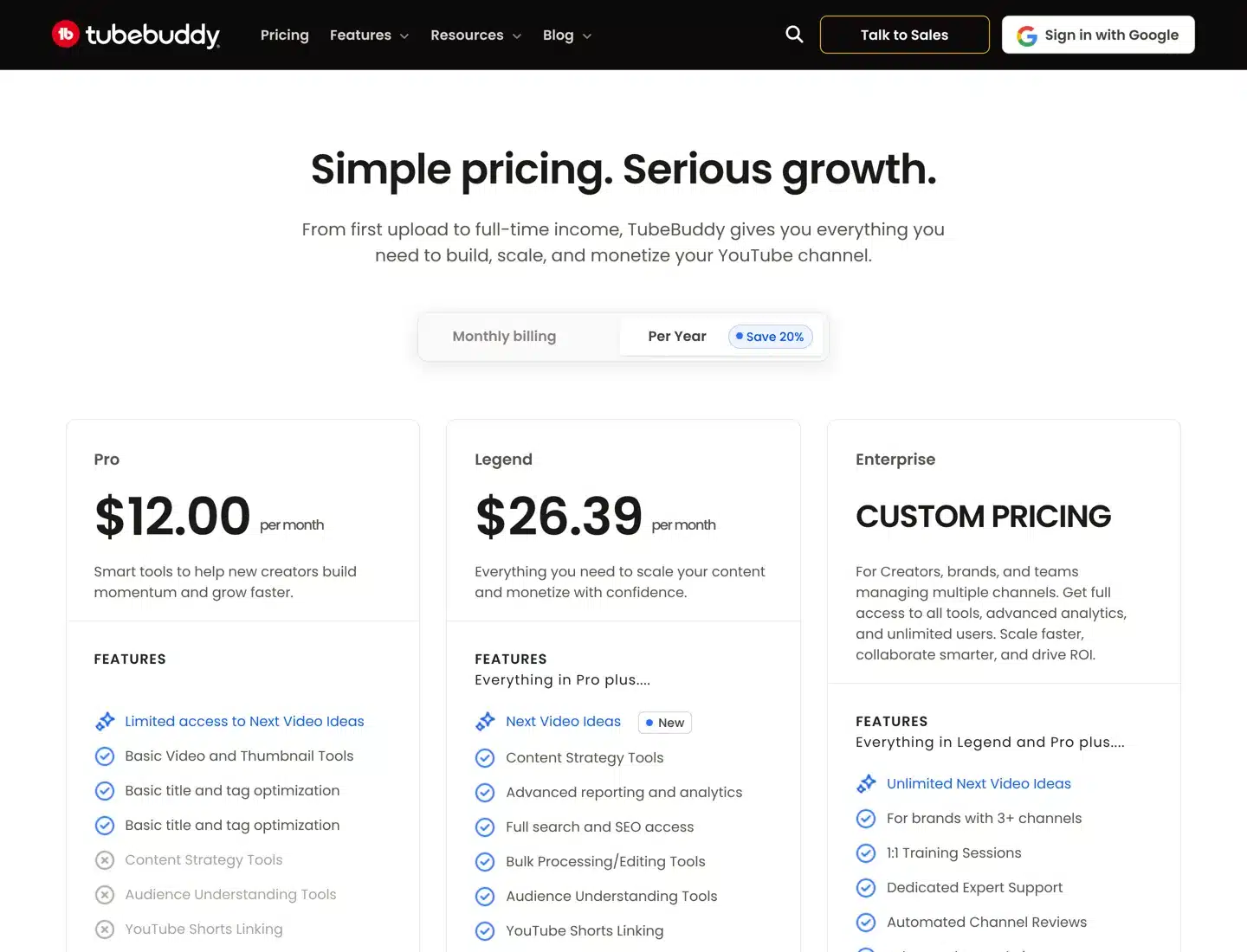 Screenshot of TubeBuddy's pricing page with the Pro, Legend and Enterprise plans.